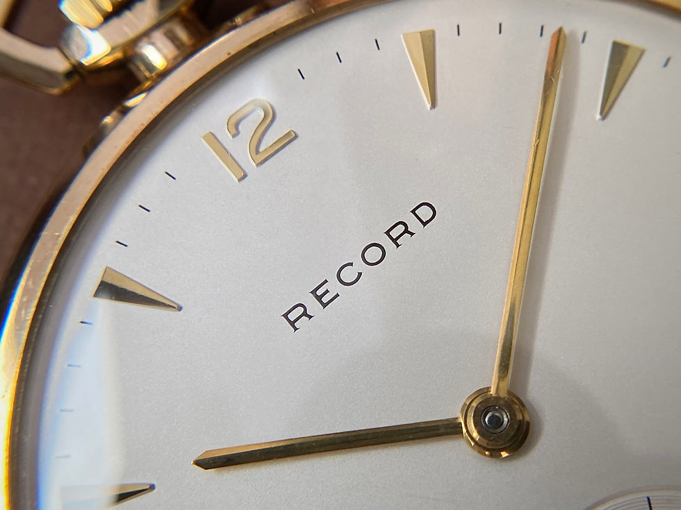 Thumbnail: 1966 Record 9ct gold silver dial open face thin dress pocket watch Record 203