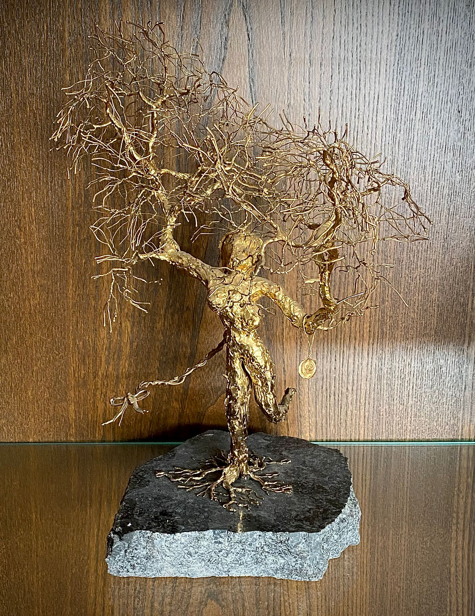 Patrick Drinkwater Golden Tree Sculpture female form, 24ct plated nickel wire