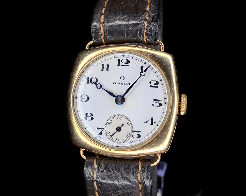 Thumbnail: 1929 Omega 9ct gold Dennison enamel dial cushion case watch cal 26.5SOB