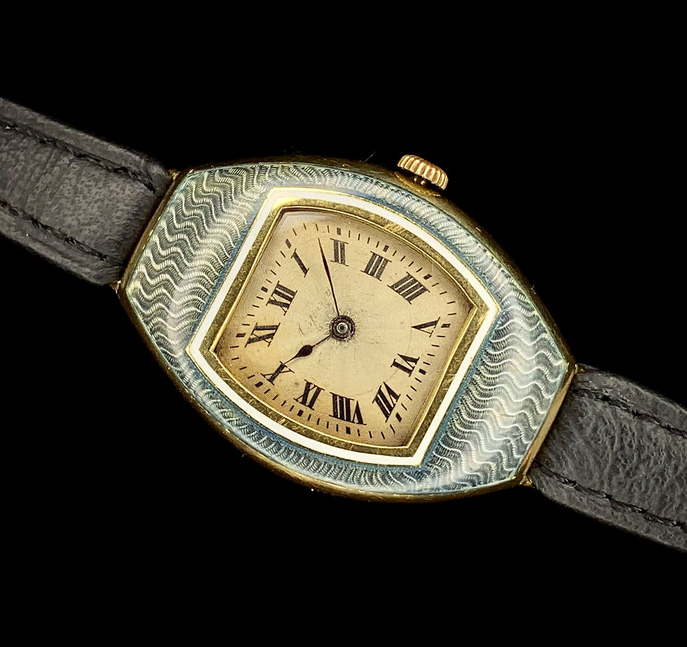 Thumbnail: 1920s Art Deco 18ct gold Tonneau watch, rare blue guilloche enamel bezel