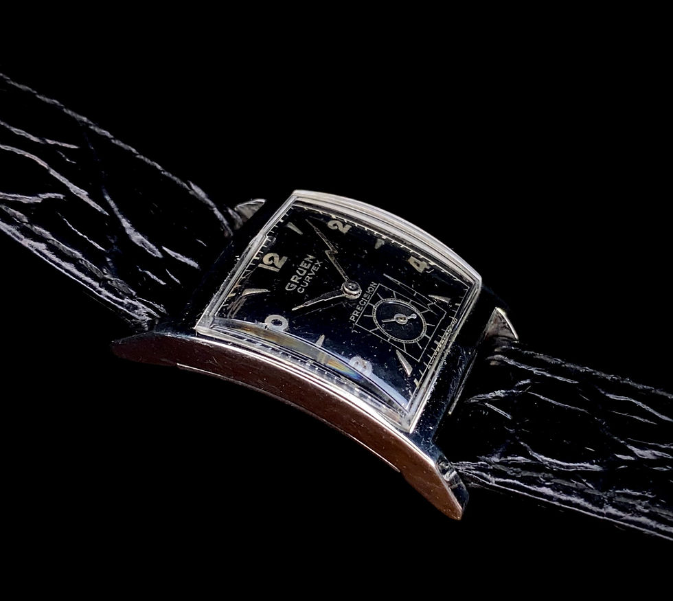 Thumbnail: 1940s Gruen Curvex Precision Facet Black dial 10k WGF ref 370-696 boxed