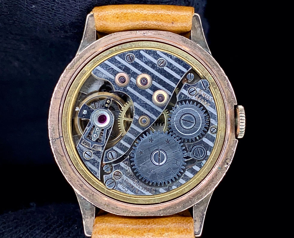 Thumbnail: 1940s 30mm Trebex 9ct rose gold black & gold dial dress with Roman Numerals