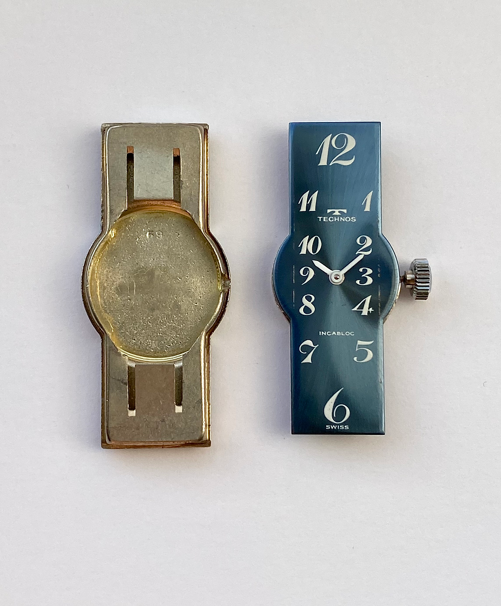 Thumbnail: 1970s Technos retro elongated rectangular watch, blue sunburst dial FHF 69-21