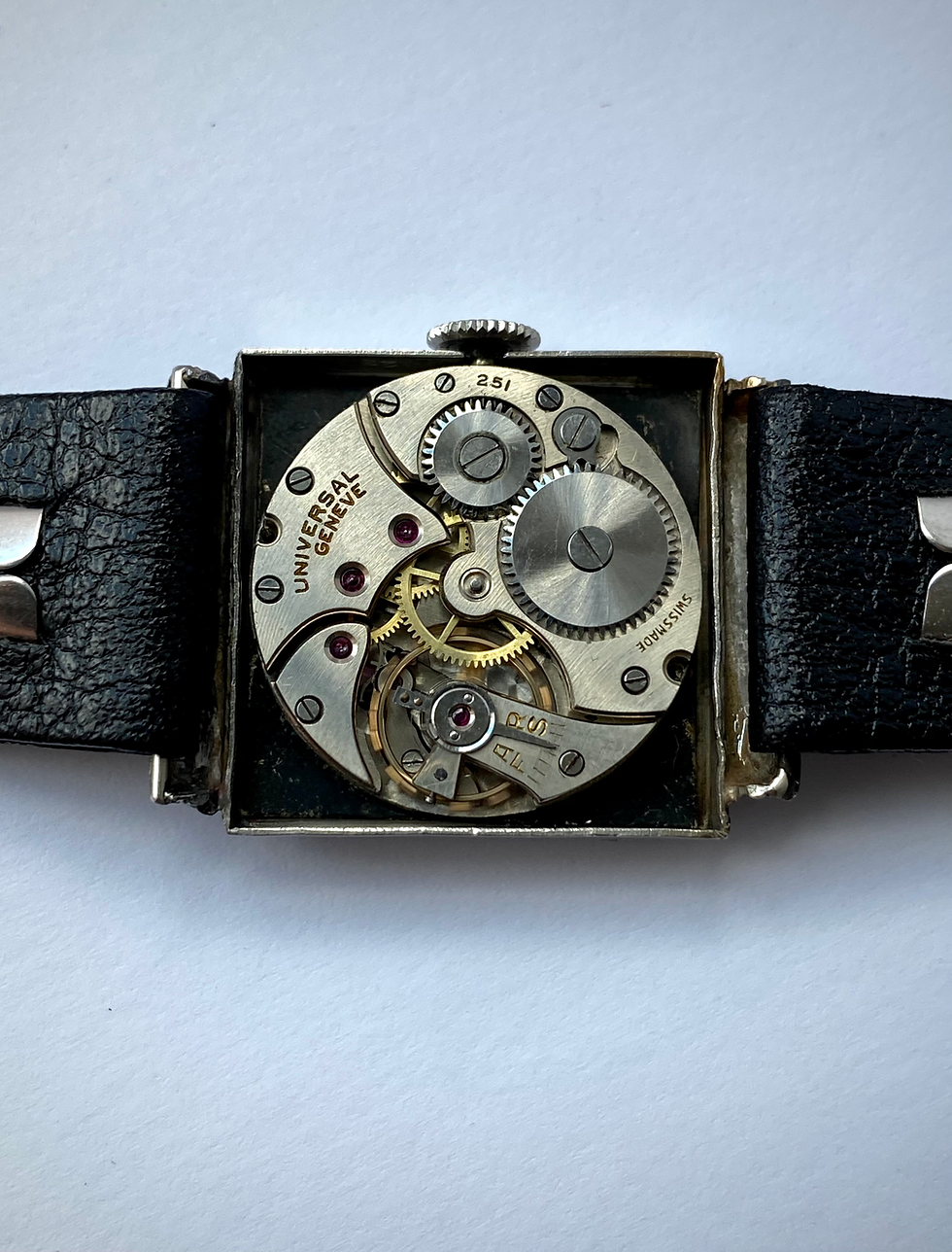 Thumbnail: 1937 Universal Geneve Hooded lug Steel Tank Bauhaus black dial ref 6199