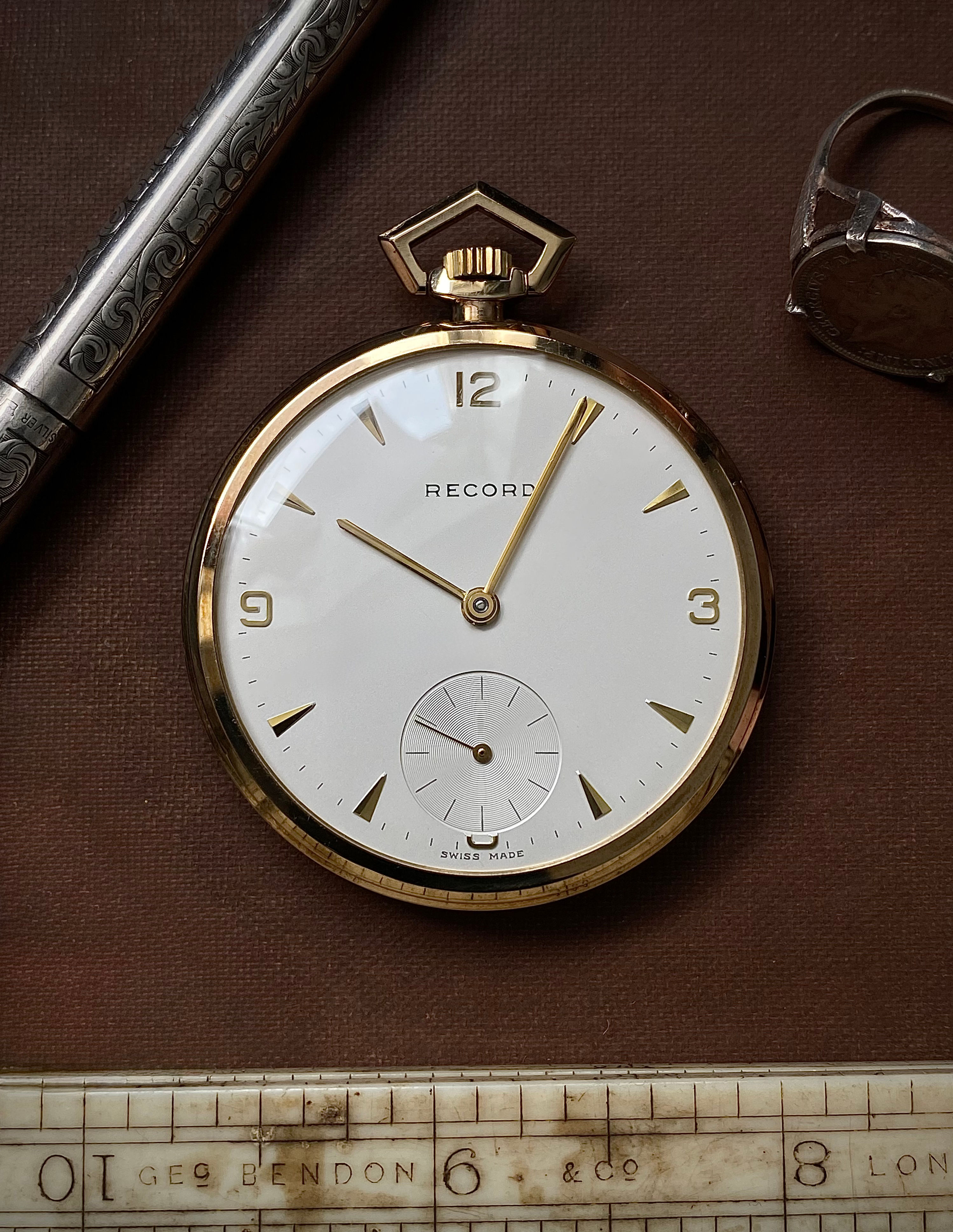 1966 Record 9ct gold silver dial open face thin dress pocket watch Record 203