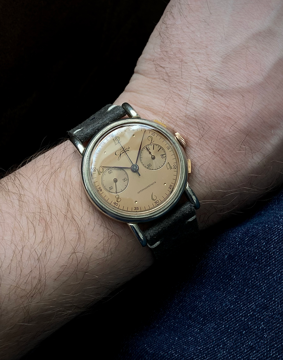 Thumbnail: 1950s Jolus Oversized 38mm Salmon dial Chronograph watch Landeron 51