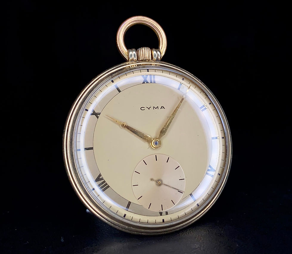 Thumbnail: 1930s Art Deco design Cyma Roman numeral rolled gold pocket watch, serviced