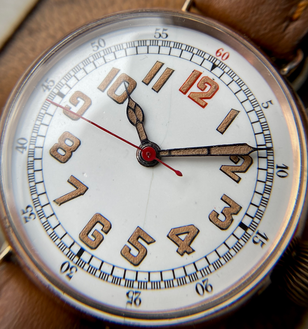 Thumbnail: 1915 9ct Rose gold Stauffer central second trench watch, Charles Nicolet case