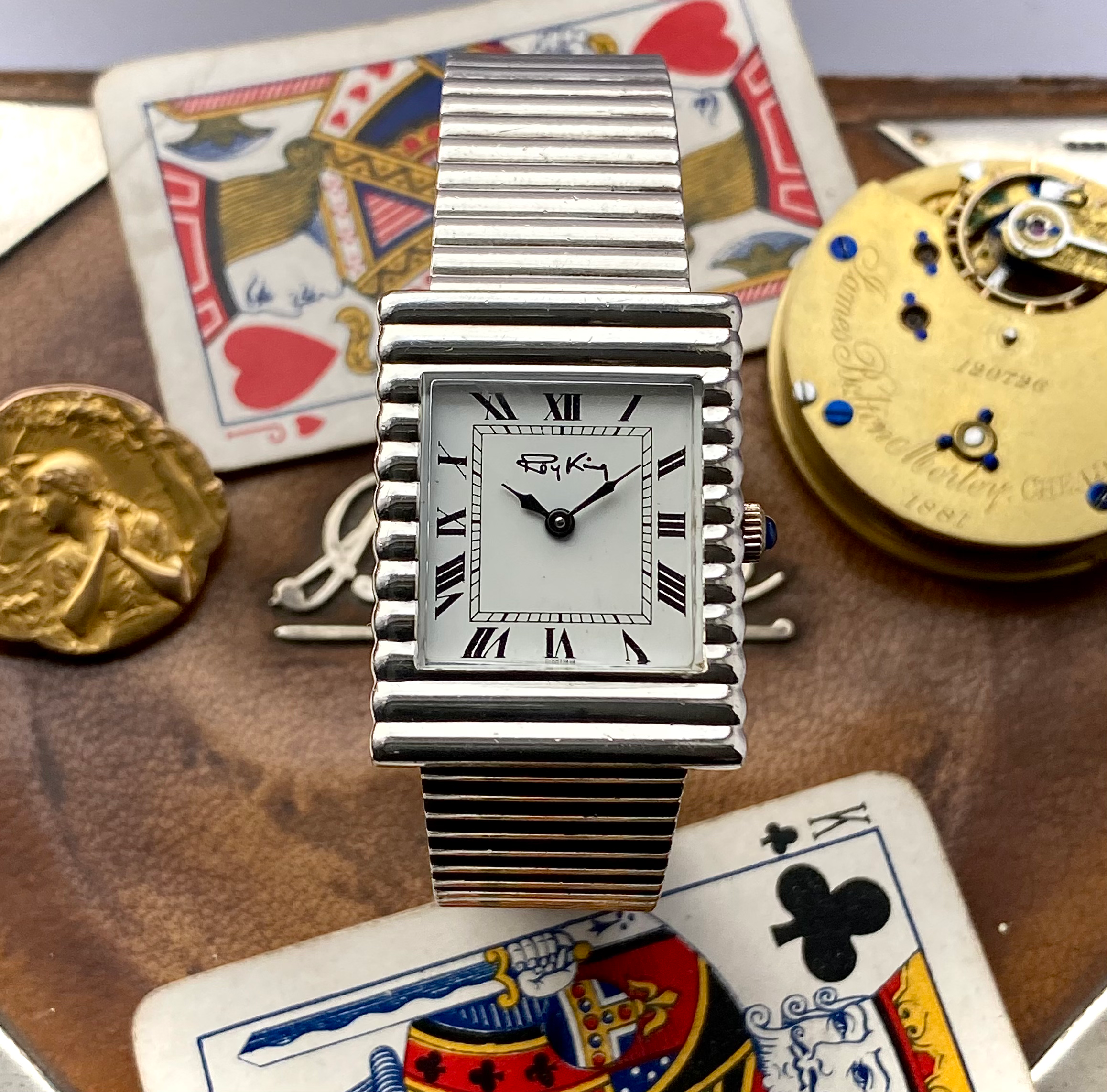 1975 Roy King Silver ribbed tank watch, Silver belt buckle bracelet, FHF 69