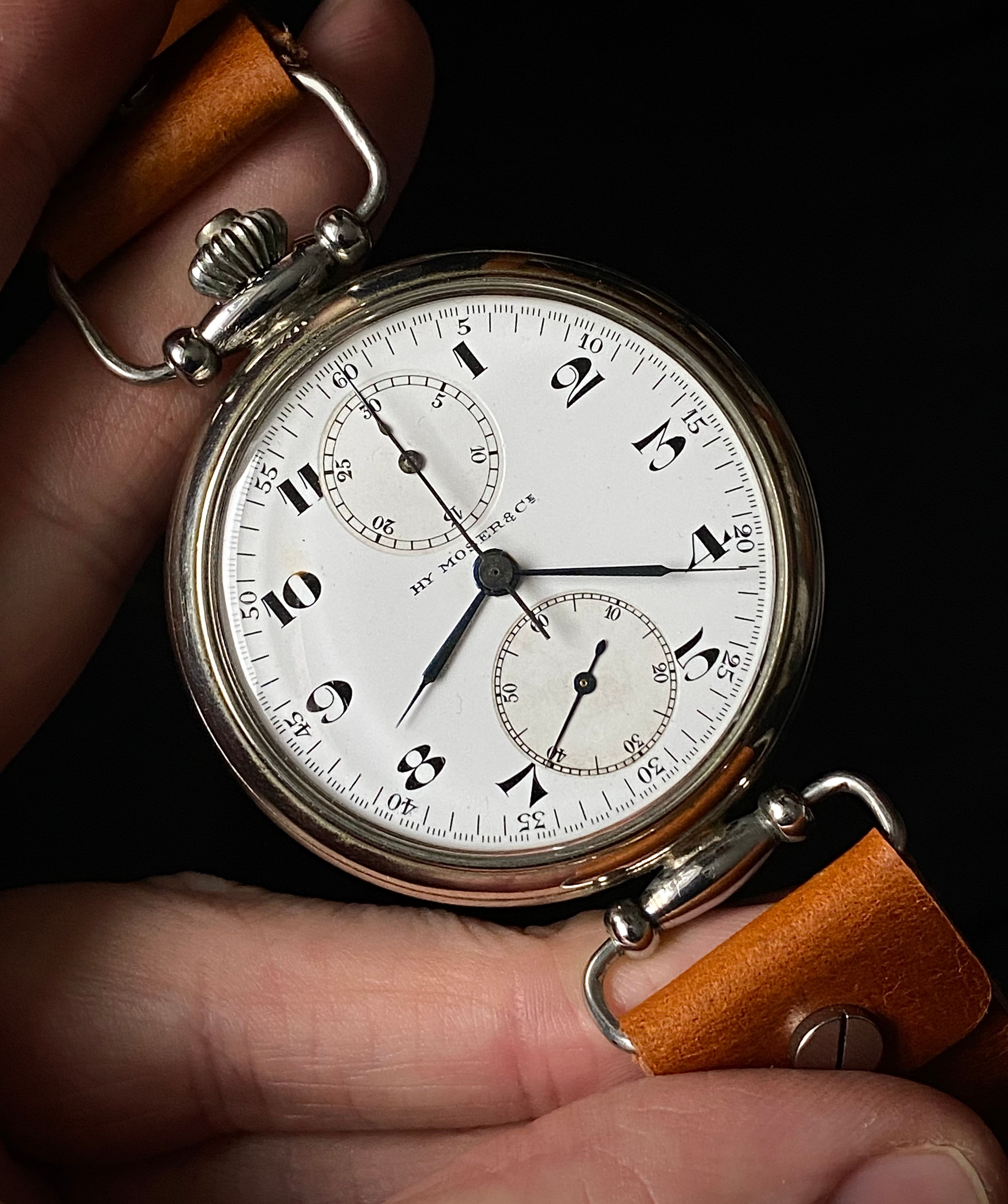 1900s Hy Moser & Cie pocket watch chronograph historic Russian WW1 conversion