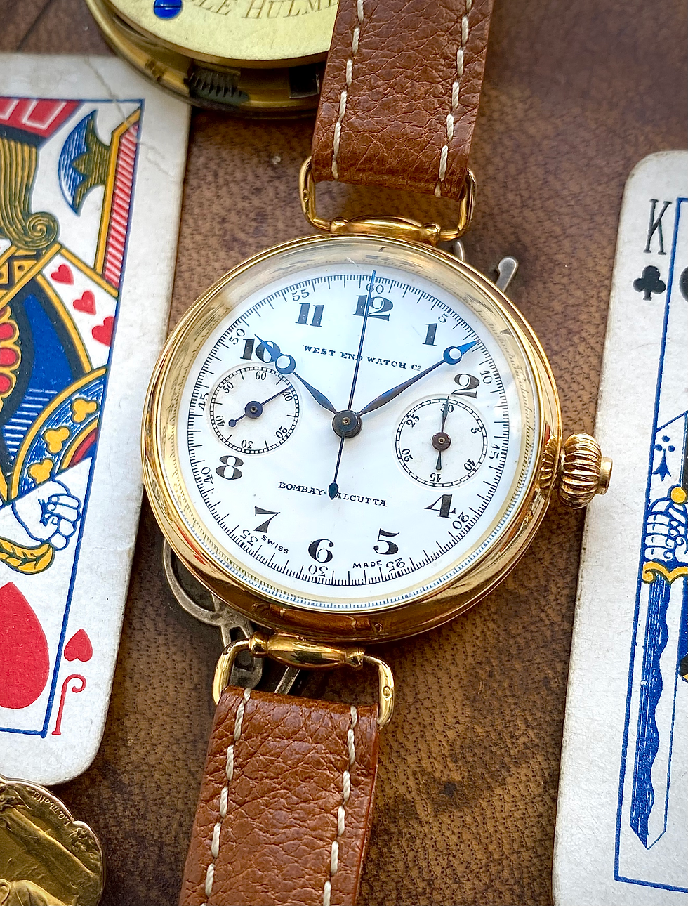 1920s West End Watch Co 18ct gold trench Monopusher Chronograph Valjoux 13’’’