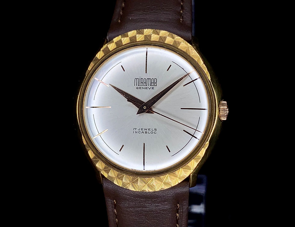 Thumbnail: 1960s Miramar Geneve 1125 fancy engraved bezel dress watch gold plated FHF 72