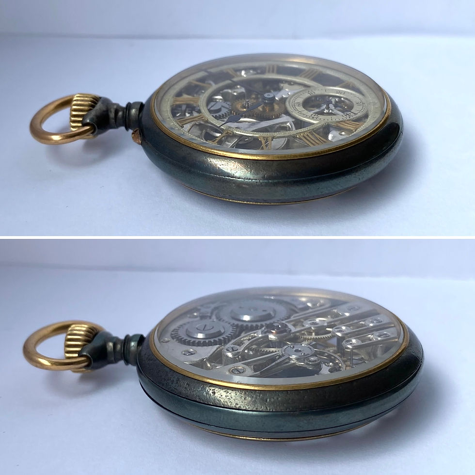 Thumbnail: 1890s gunmetal pocket watch skeletonised dial and movement exhibition case
