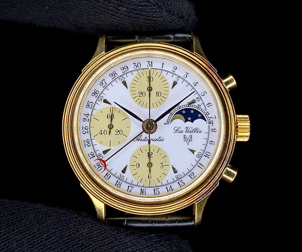 Thumbnail: 1990s La Vallee Chronograph Moonphase date pointer watch Valjoux 7750 gold plate