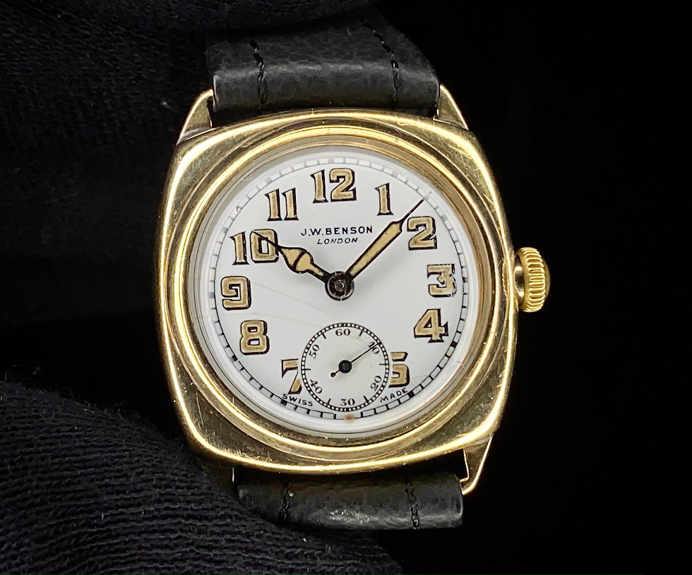 Thumbnail: 1936 JW Benson London 9ct Gold Cushion case Tropical watch, cal 0.32Kb Serviced