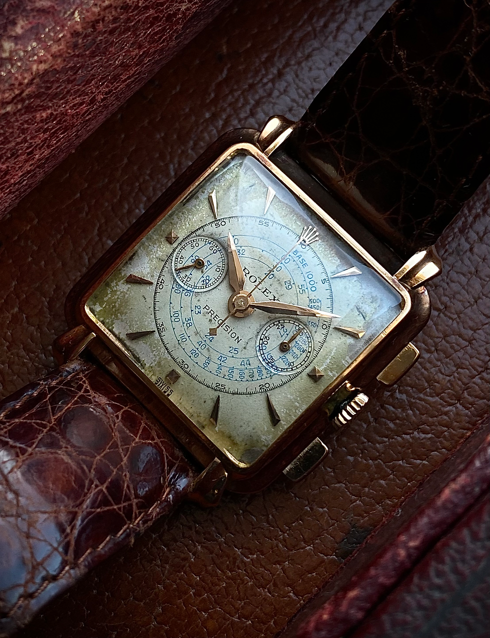Thumbnail: 1940s Rolex Gabus ref 8206 18ct pink gold square chronograph watch Valjoux 69