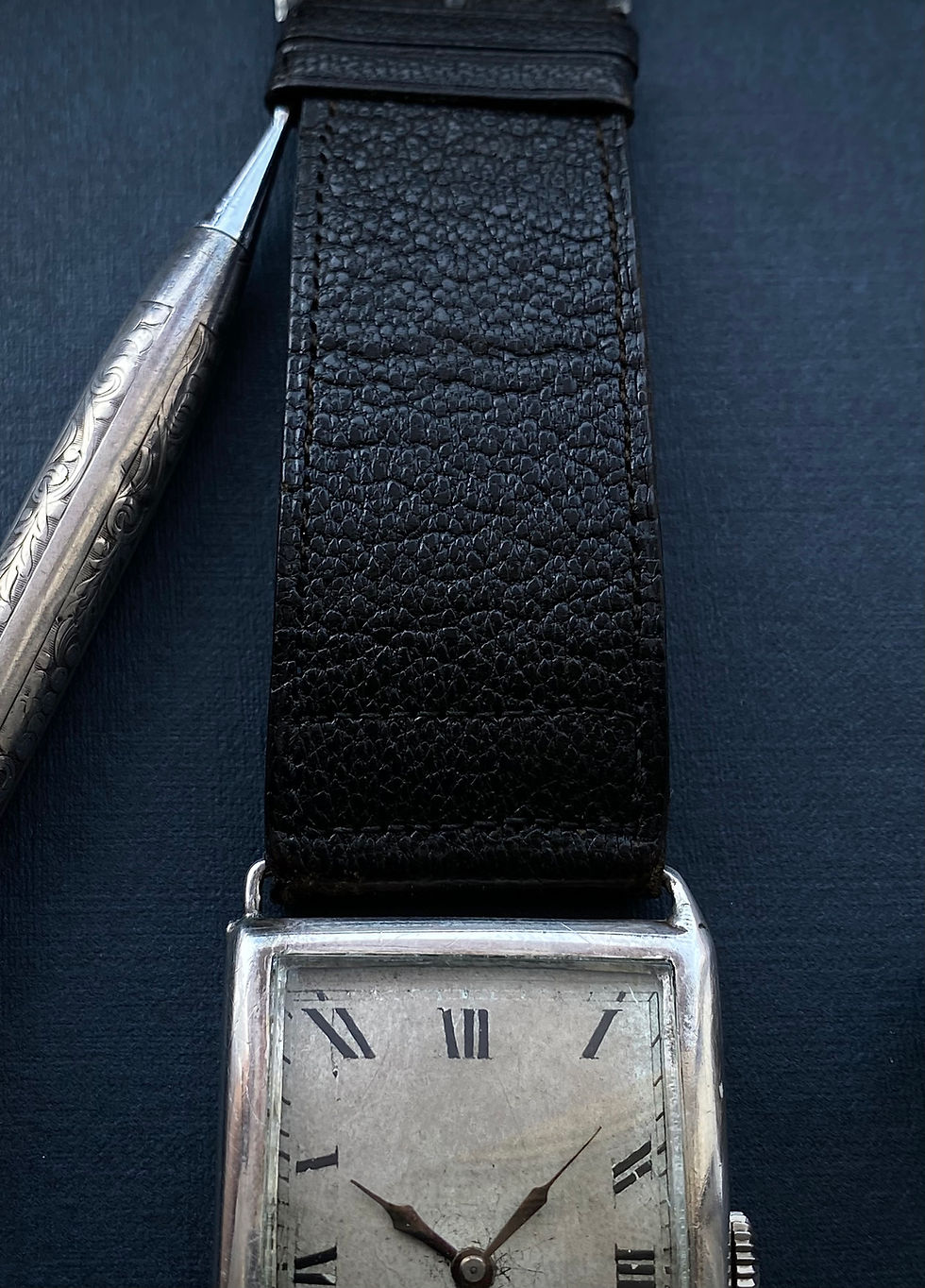 Thumbnail: 1931 Large Art Deco silver rectangular tank watch Roman numerals Original strap