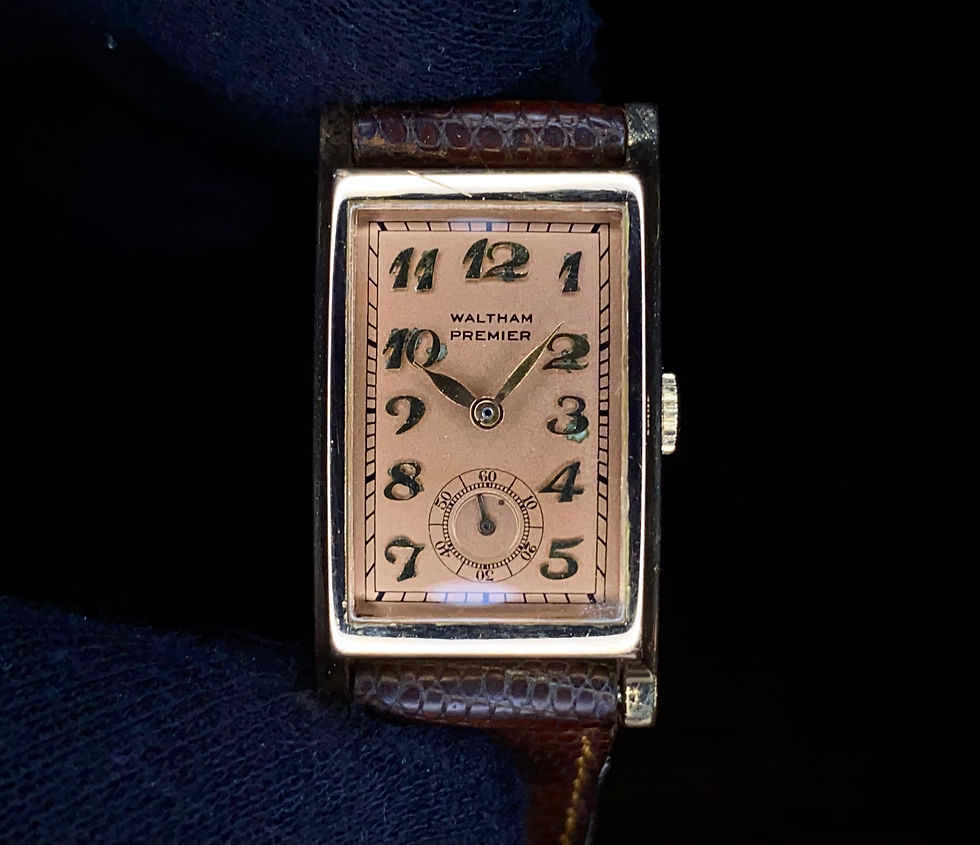 Thumbnail: 1940s Waltham Premier salmon dial 18ct rose gold rectangular watch cal 750