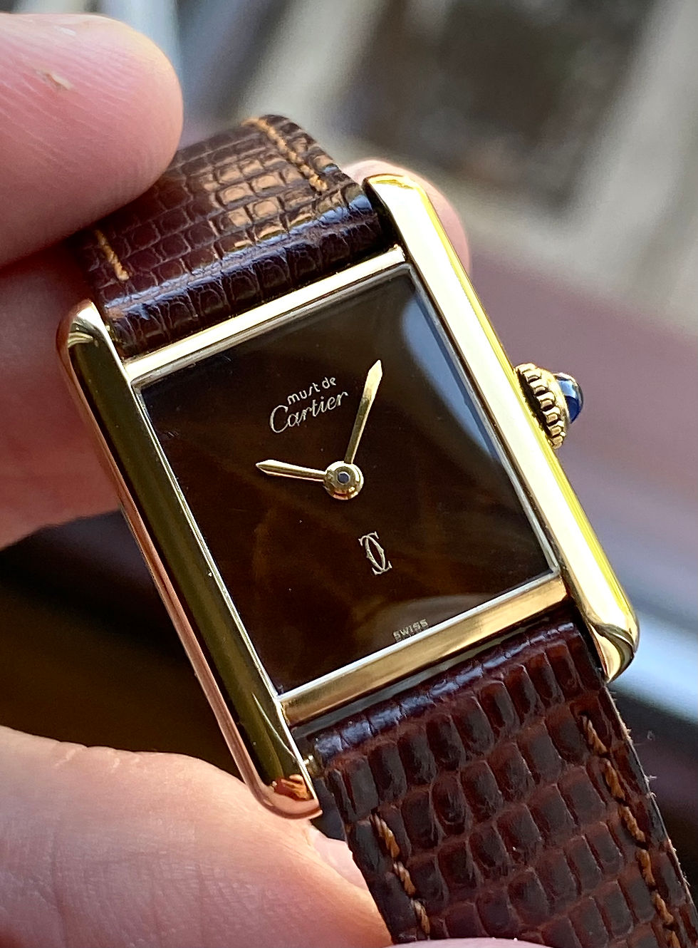 Thumbnail: 1970s Ladies Must De Cartier Tank Vermeil mechanical watch wood dial Silver gilt