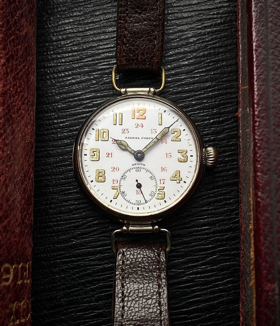Thumbnail: 1918 Zenith US WW1 issued Signal Corps 24 hour enamel dial trench watch