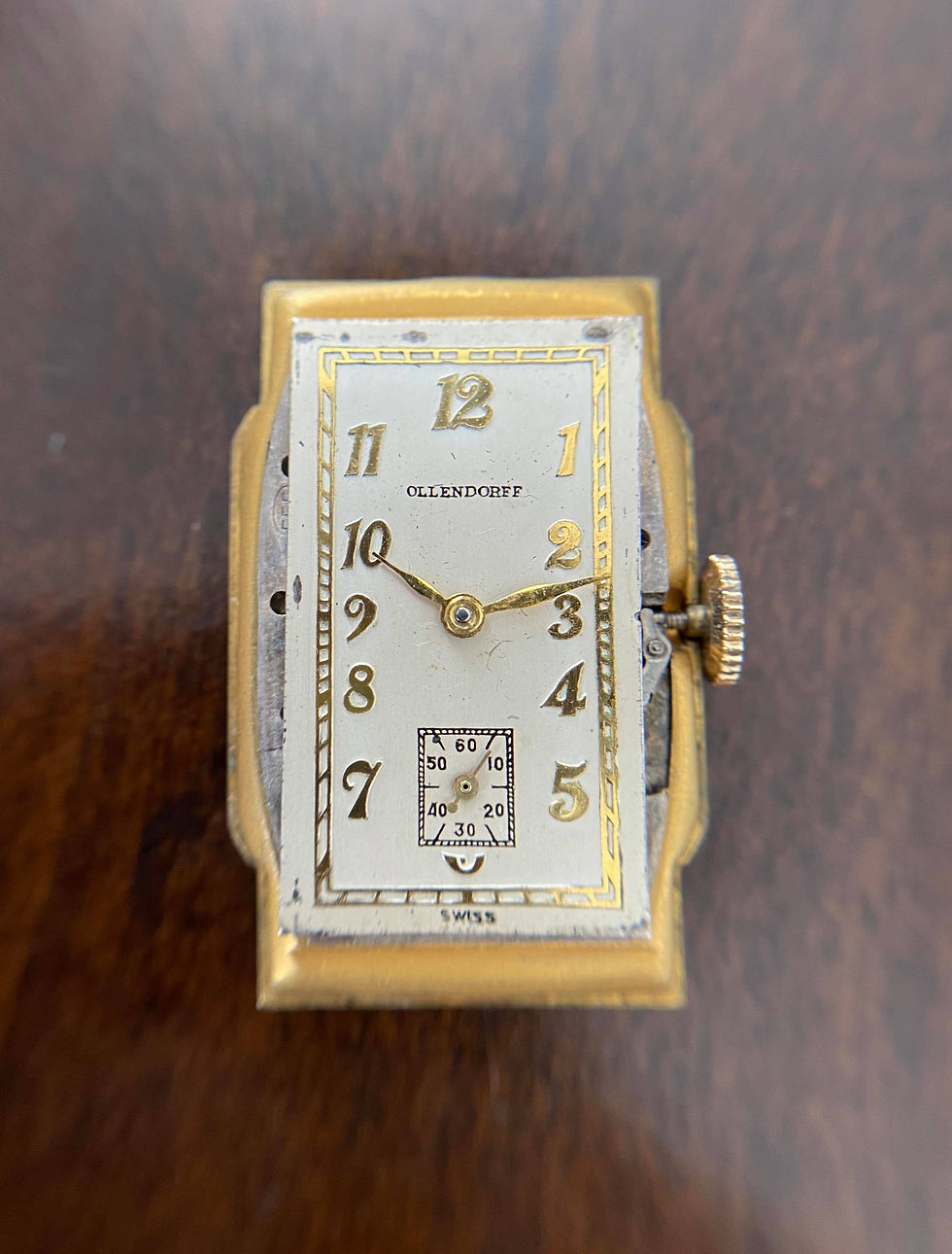 Thumbnail: Vintage Art Deco 1940s 10k GF Rectangular Ollendorff watch, American market