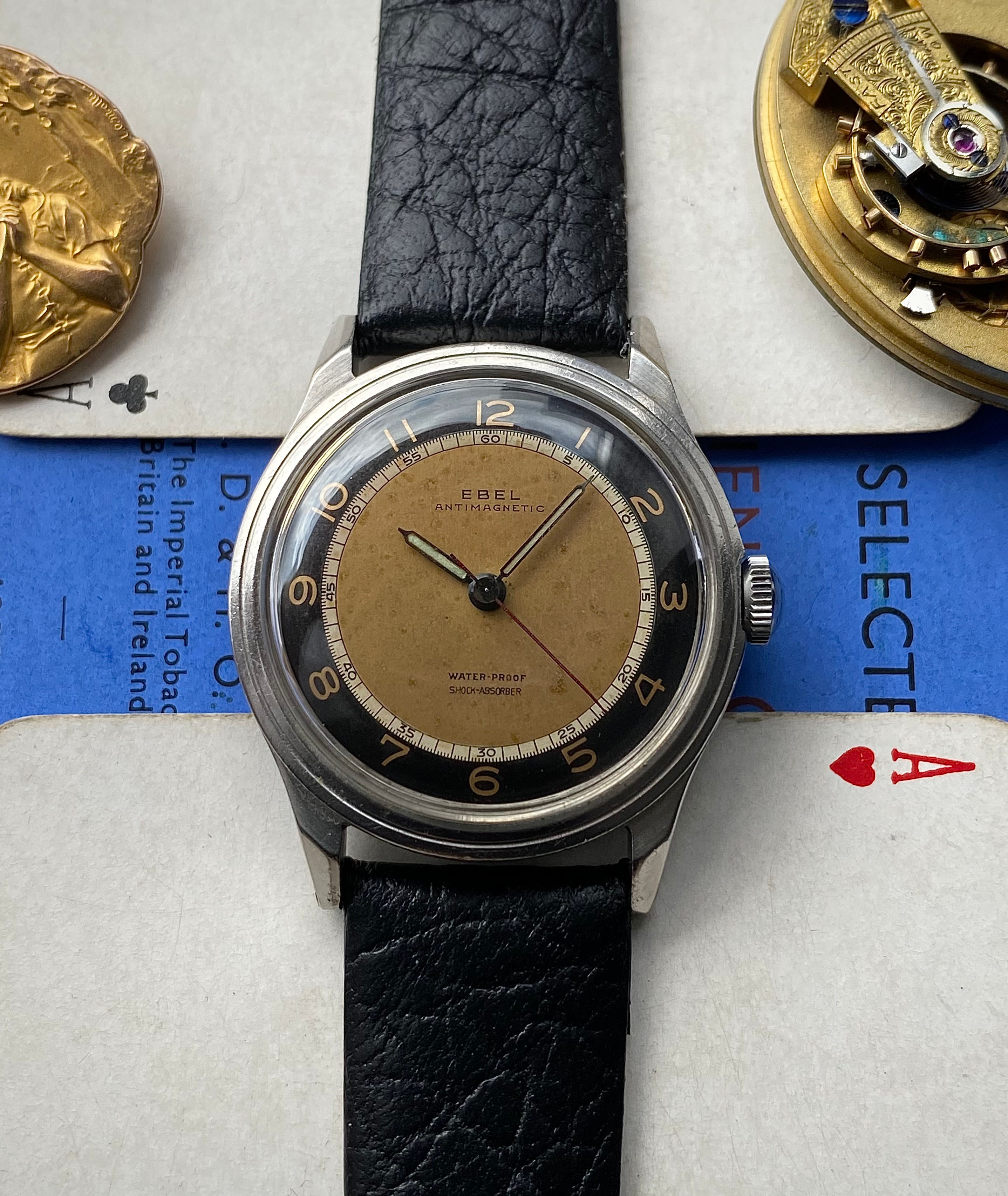 1943 Ebel Antimagnetic Steel watch Black and Gold Bullseye dial with papers Ebel