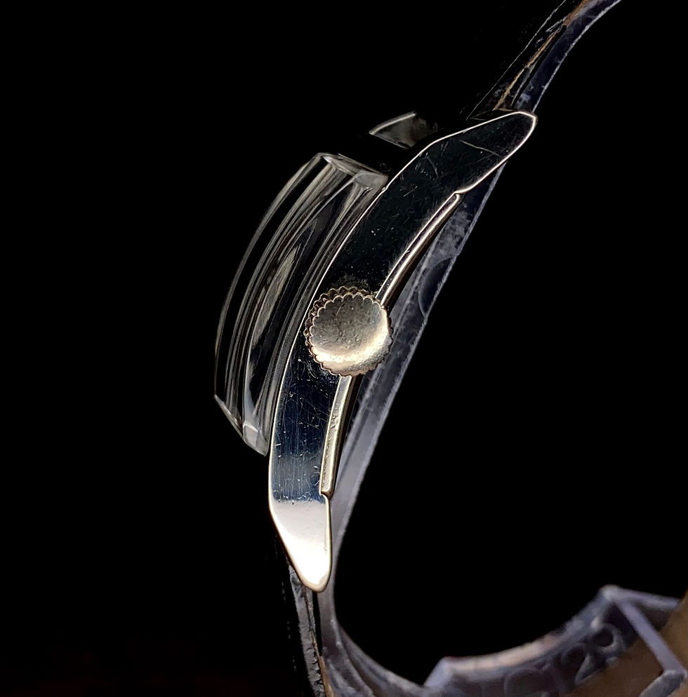 Thumbnail: 1940s Gruen Curvex Precision Facet Black dial 10k WGF ref 370-696 boxed