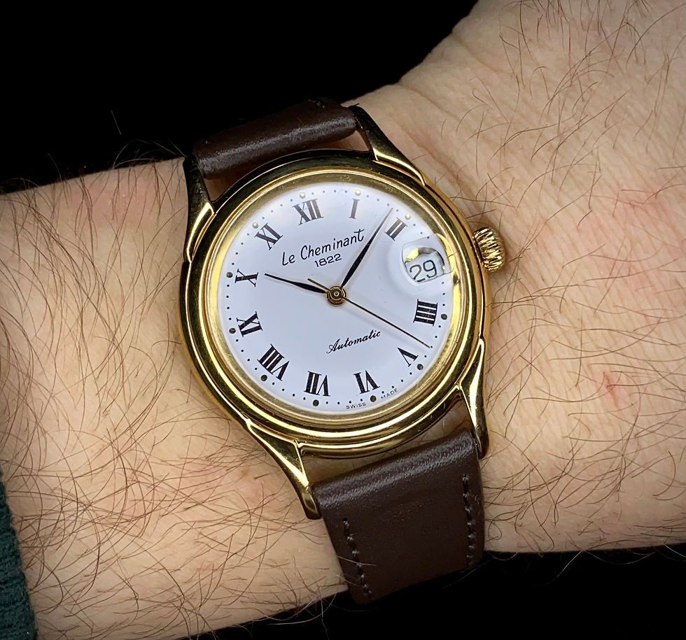 Thumbnail: 1990s Le Cheminant gold tone dress watch, Exhibition back ETA 2824-2