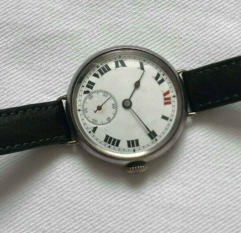 Thumbnail: Solid Silver Trench watch with Roman Numerals, handwind, 1924, G.S. Sponsor mark