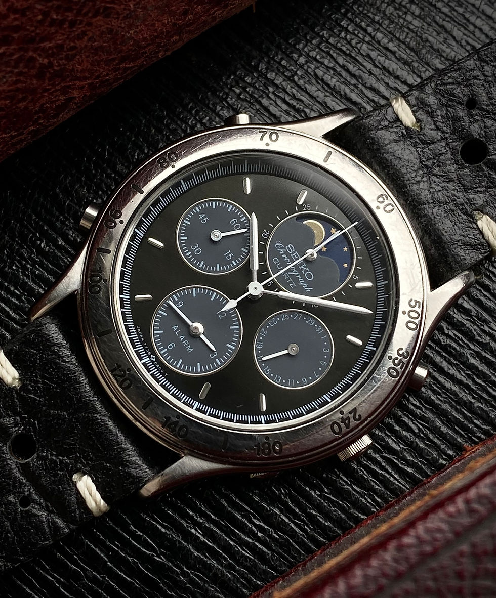 Thumbnail: July 1990 Seiko Meca-Quartz Chronograph Moonphase dark grey dial 7T36-6A1A