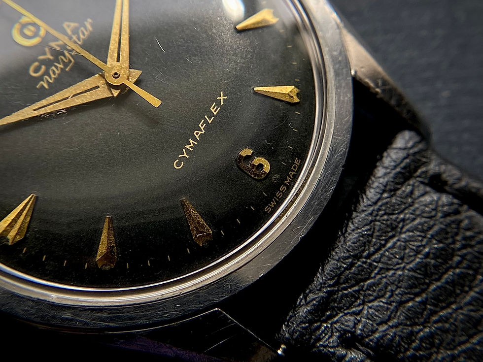 Thumbnail: 1960 Cyma Navystar watch Cymaflex gilt black dial gold markers ref 2-5678-6 R.46