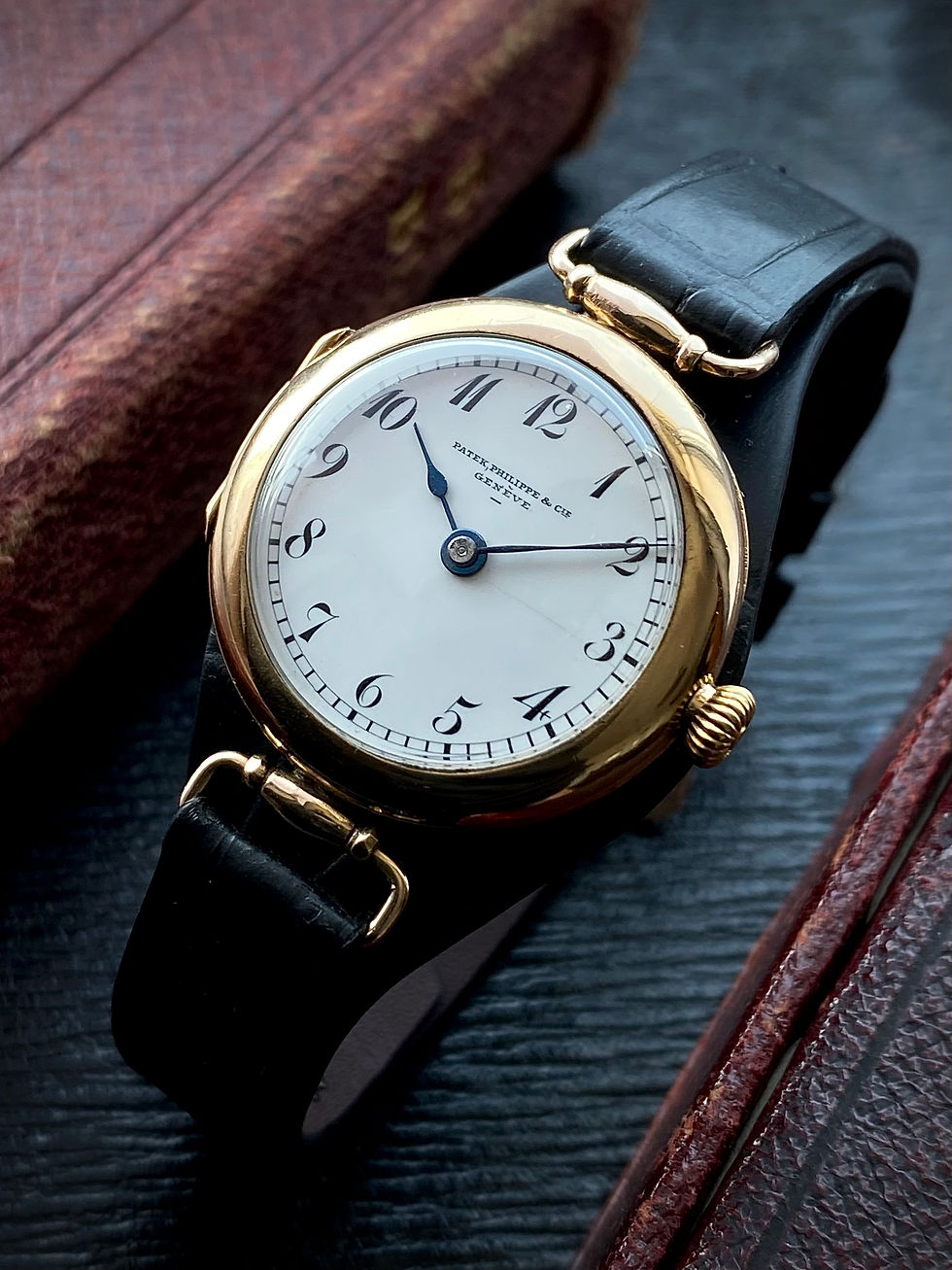 Thumbnail: 1915 WW1 Period Patek Philippe 14ct gold hinged lug trench watch 10’’’ movement