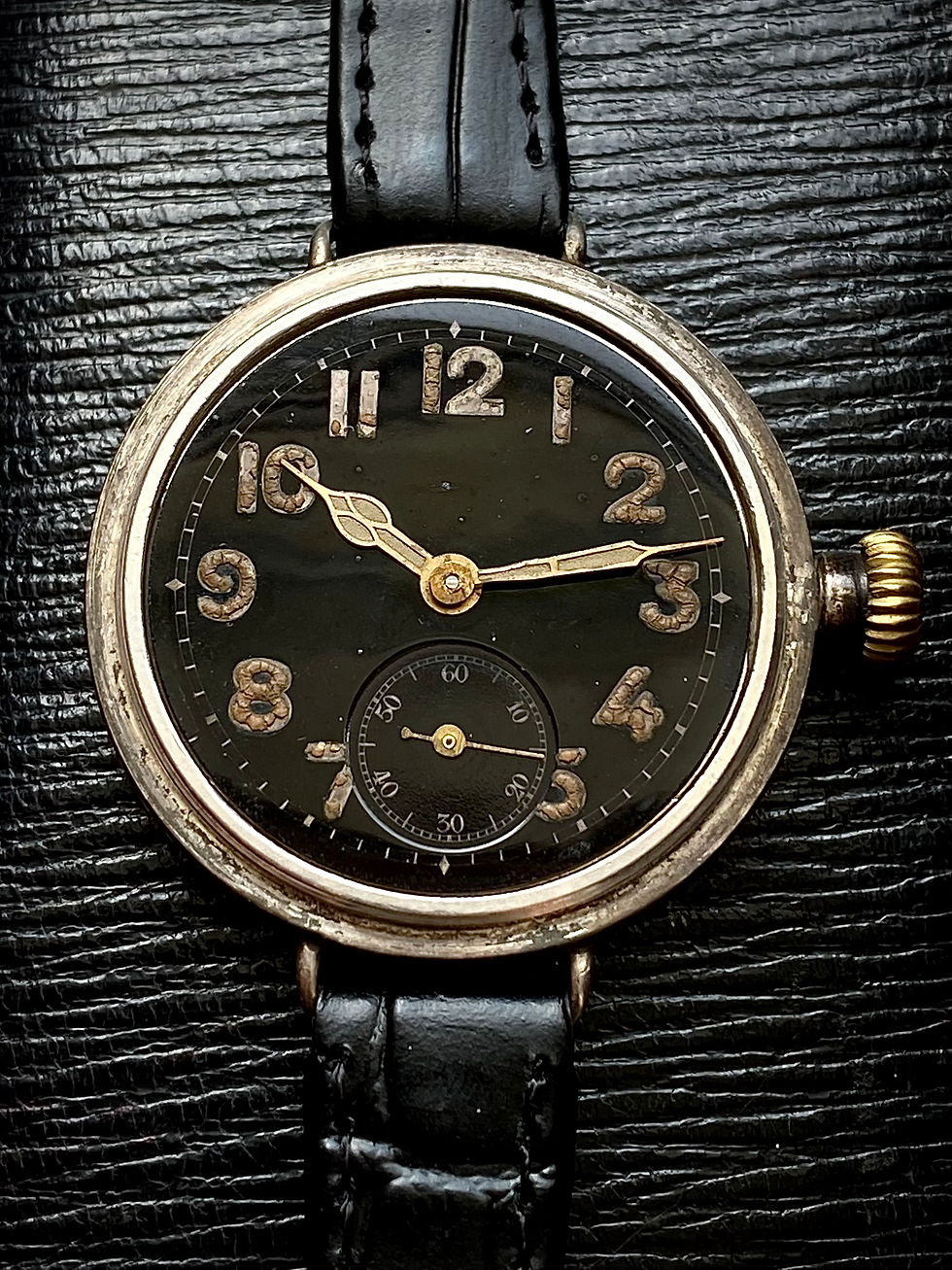 Thumbnail: 1914 Tavannes Black dial trench watch Dennison screw case Tavannes cal 330