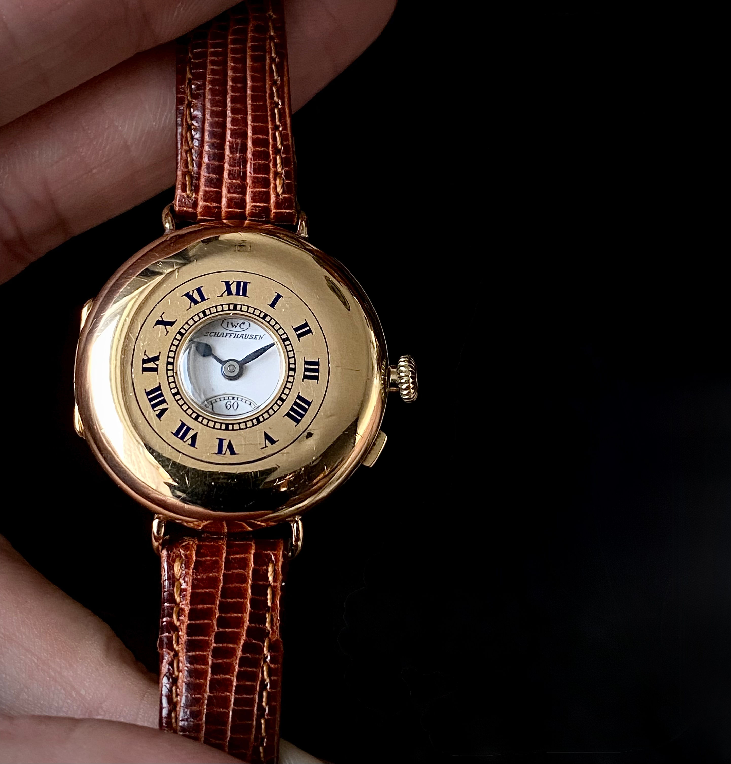 1920 IWC 18ct gold semi hunter officers trench style watch roman numeral enamel