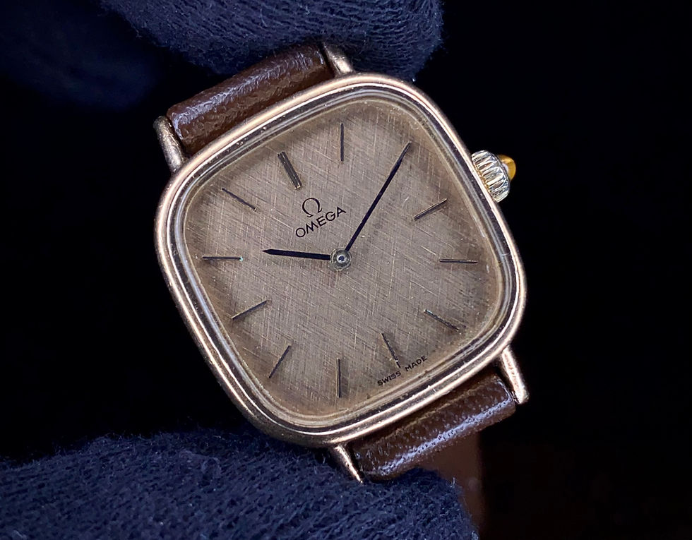 Thumbnail: 1972 Ladies Omega 9ct gold TV watch Linen dial Tiger Eye cabochon crown cal 485