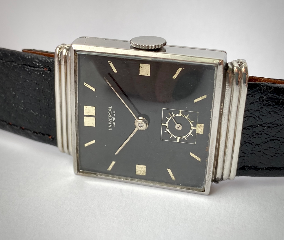 Thumbnail: 1937 Universal Geneve Hooded lug Steel Tank Bauhaus black dial ref 6199