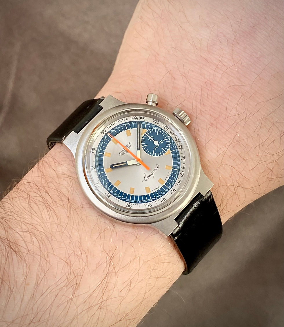 Thumbnail: NOS Longines Conquest Monopusher 1972 Munich Olympics Ref 8614 Silver Navy dial