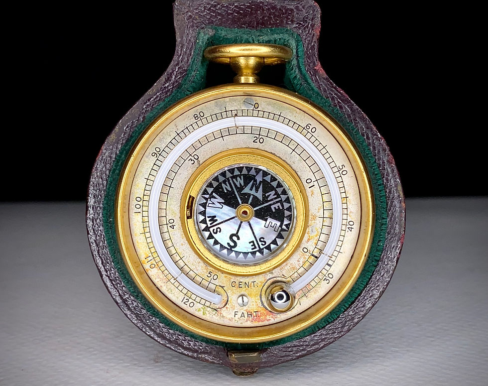Thumbnail: Victorian 1890s Leather cased brass aneroid Pocket Barometer Compass thermometer