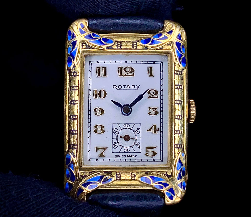 Thumbnail: Art Deco 1930s 18ct Gold Rotary Gents Watch ornate enamel bezel butterfly