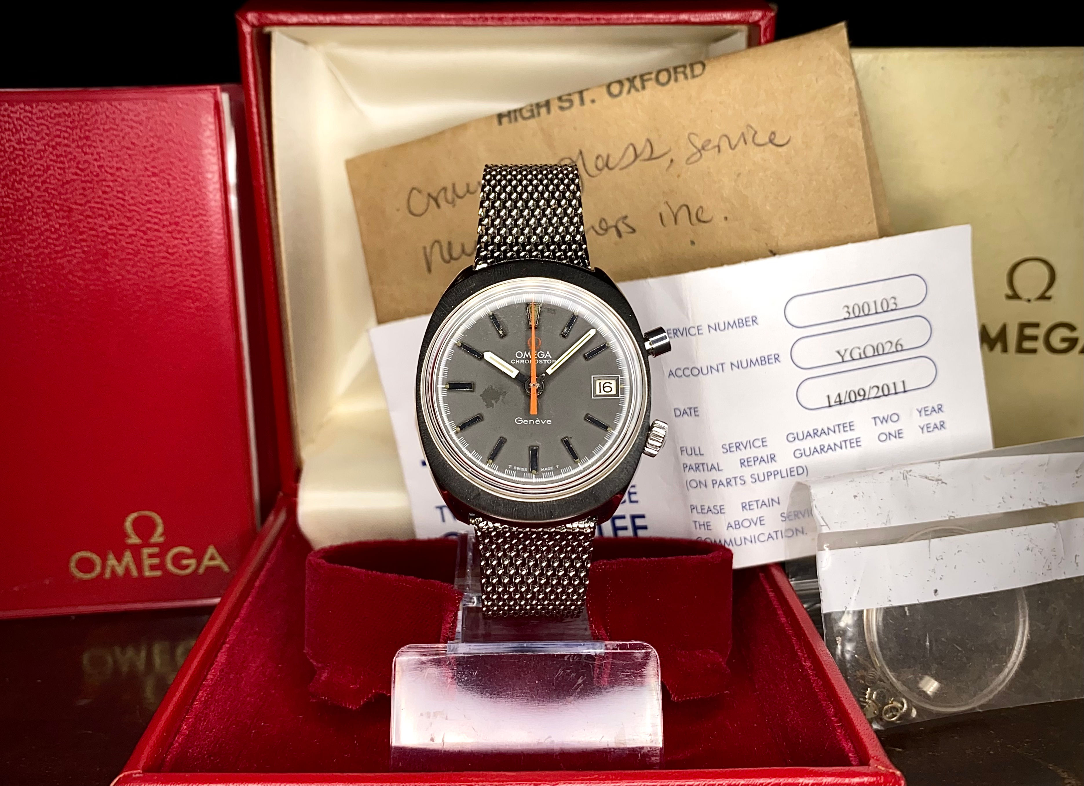 1969 Omega Geneve Chronostop Grey dial Ref 146.009 Original Milanese bracelet