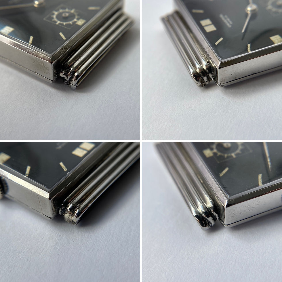 Thumbnail: 1937 Universal Geneve Hooded lug Steel Tank Bauhaus black dial ref 6199