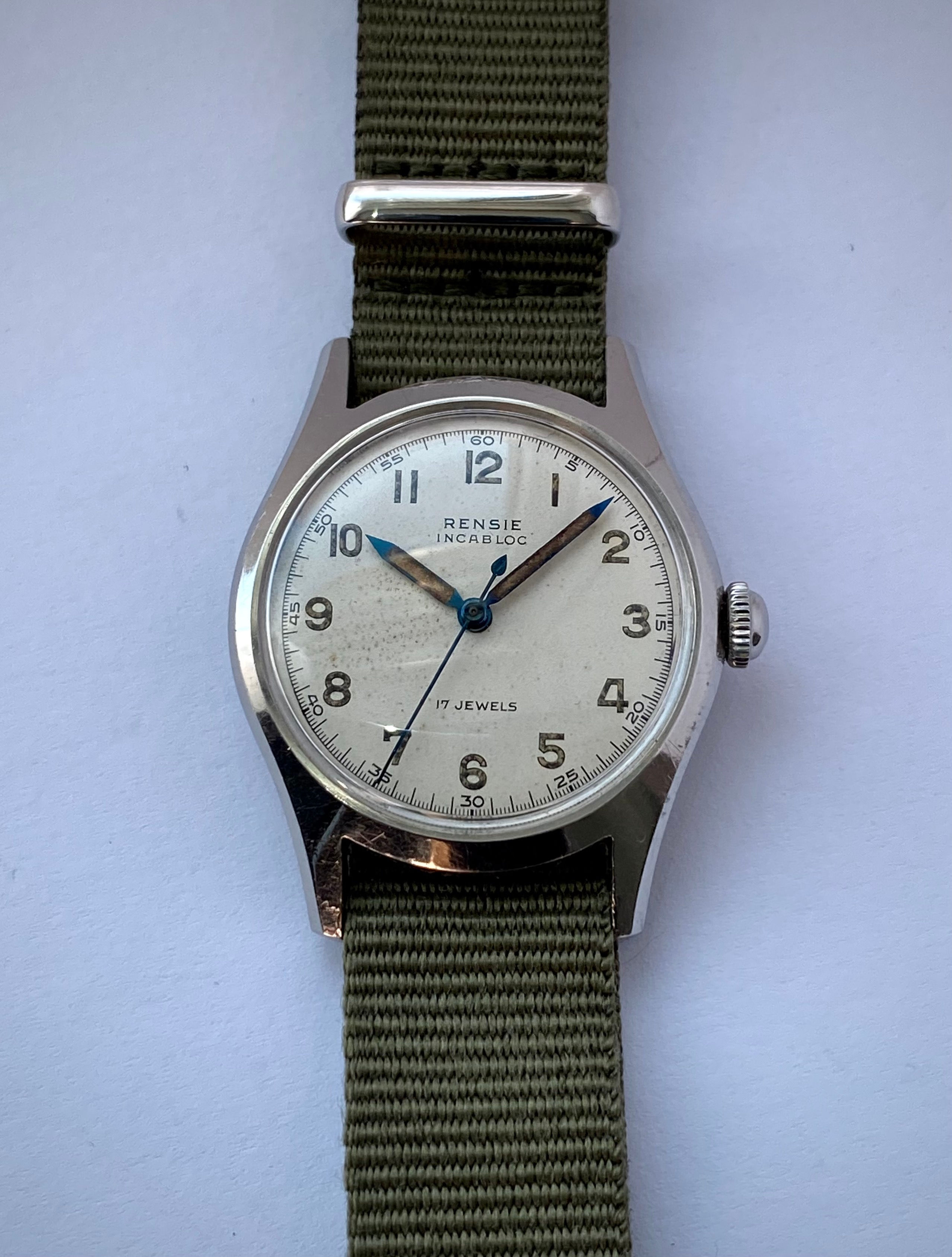 1950s Rensie Incabloc luminous numerals tool watch thermally blued hands AS 1187