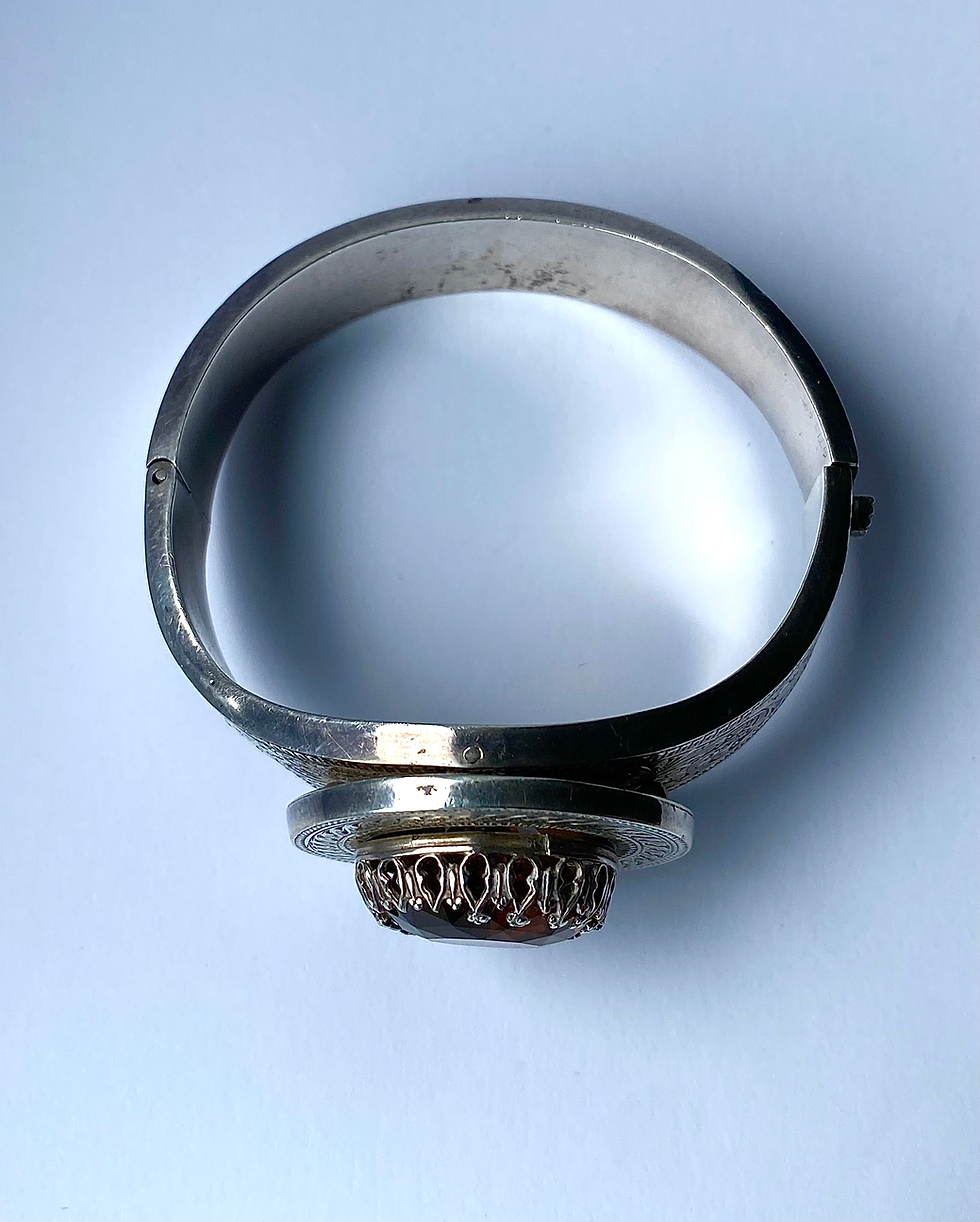 Thumbnail: 1880s Antique Victorian Scottish Citrine Sterling silver engraved cuff bracelet