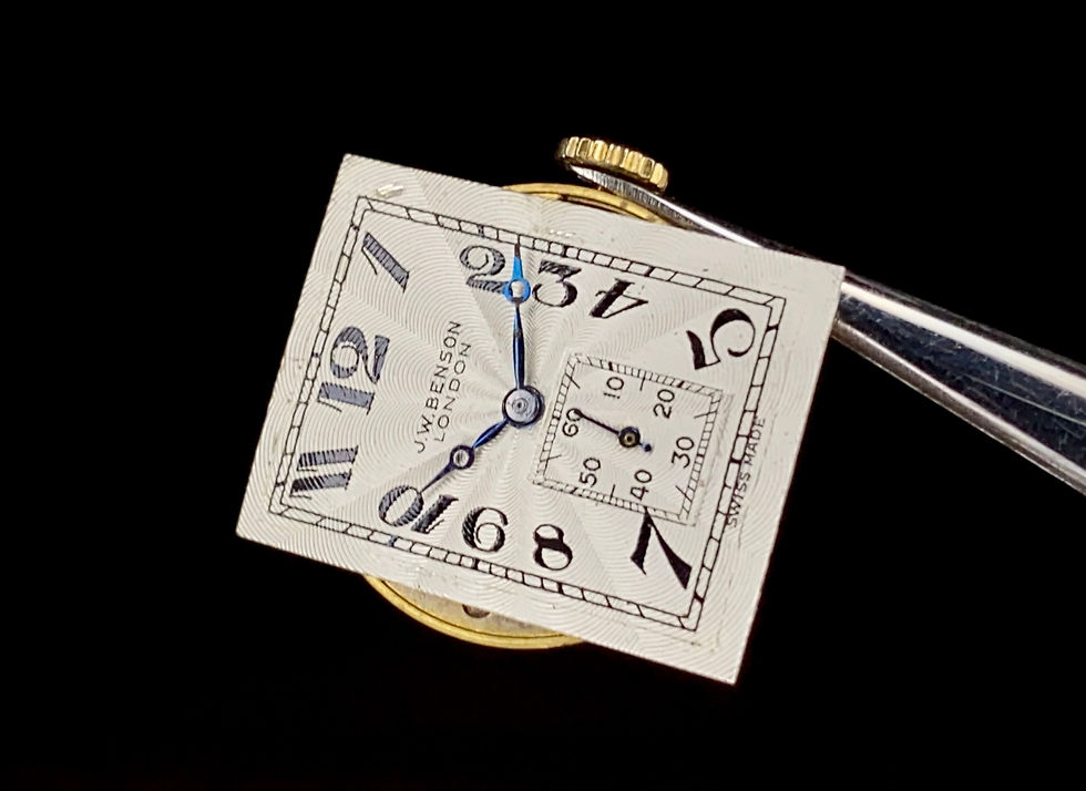 Thumbnail: 1935 9ct JW Benson tank watch Guilloche sunburst dial exaggerated numerals