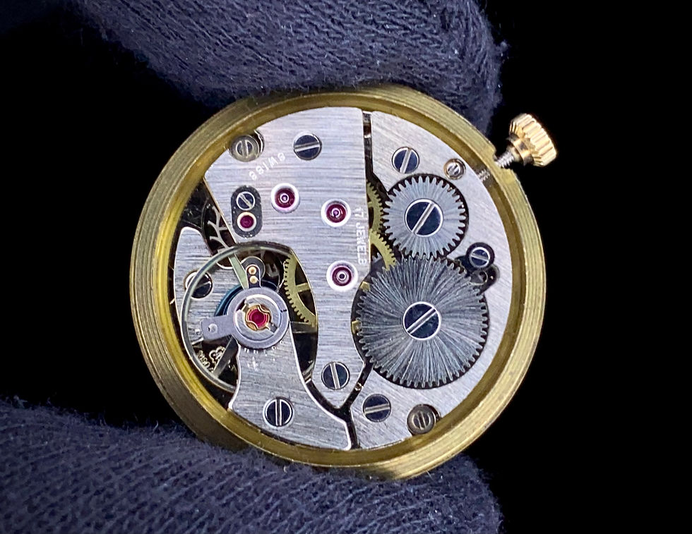 Thumbnail: 1960 Everite Embassy 9ct gold horn lug dress watch sunburst dial AS 1690