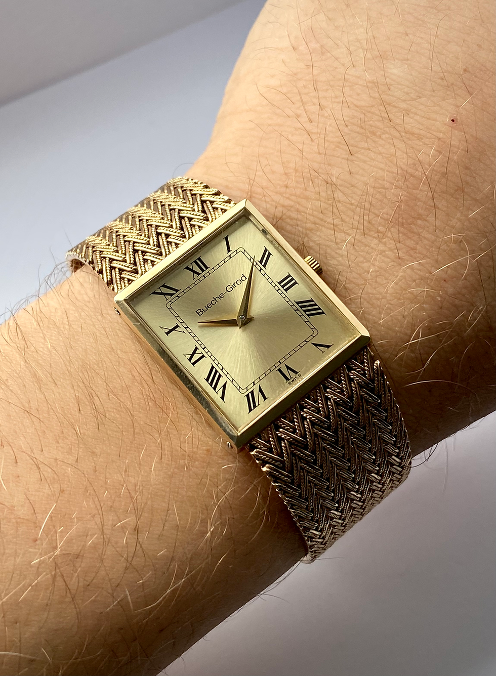 Thumbnail: 1985 Bueche Girod 9ct gold Quartz watch integrated gold weave bracelet Roy King