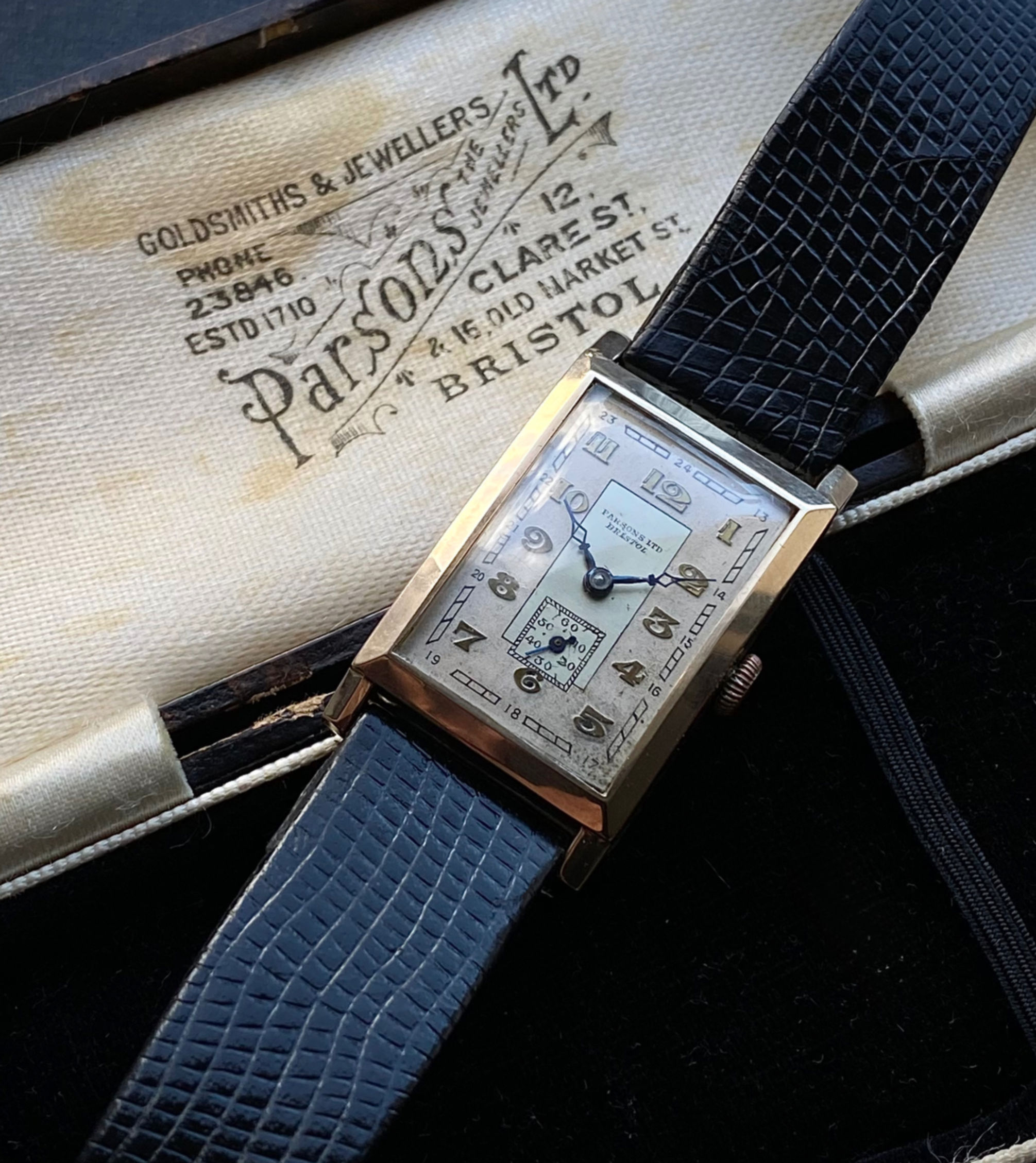 1935 Parsons Ltd Bristol 9ct gold Art Deco Tank watch two tone dial AS movement