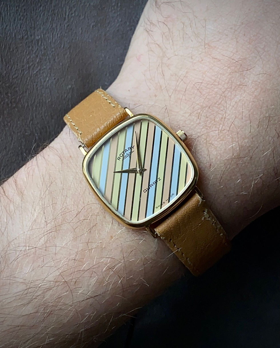 Thumbnail: 1980s Rotary Quartz 29mm Tri-colour tank watch NOS, sticker & hang tag