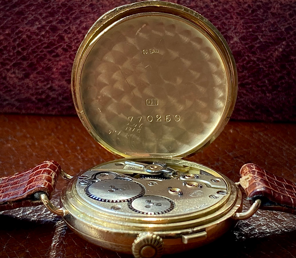 Thumbnail: 1920 IWC 18ct gold semi hunter officers trench style watch roman numeral enamel