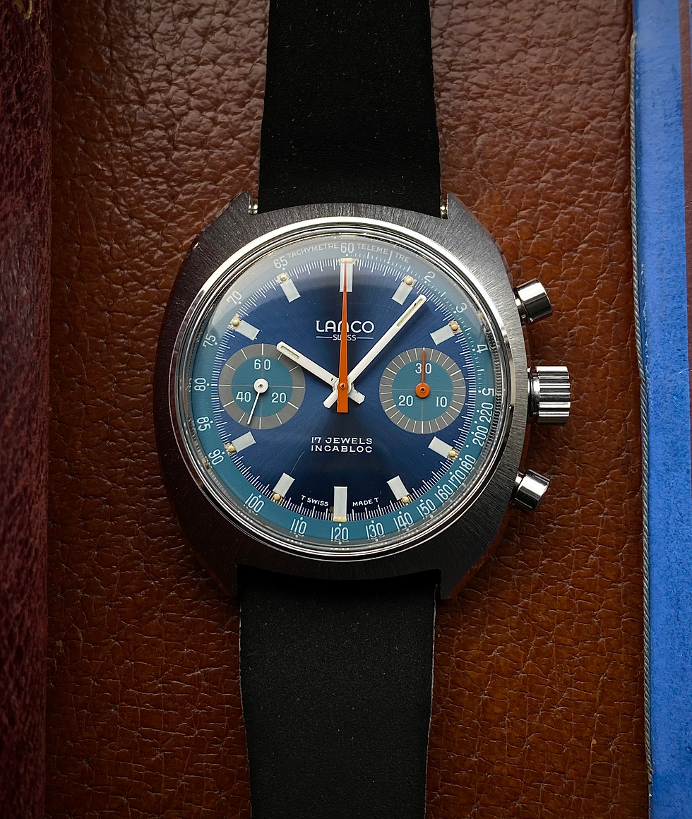 Thumbnail: 1970s Lanco Chronograph watch Blue sunburst dial Valjoux 7733 Near new old stock
